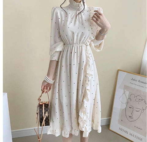 Elegant O-neck ruffle split Printed Women Dress long Sleeve A-line  Female  Dress 2020 Vintage Women Midi Vestidos