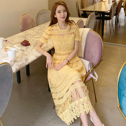 Women Elegant Yellow Lace Dress Summer Style Short Sleeve Hollow Out Sexy Women Clothes Casual Female Party Midi Vintage Dress