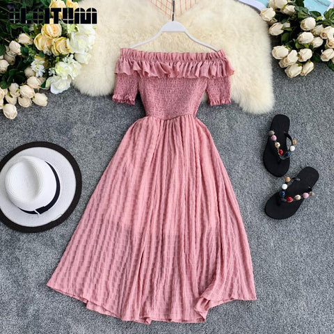 Vintage Women Summer Dresses 2020 Off the Shoulder Solid Ruffles A-line High Waist Dress Vestidos Slash Neck Robe Femme