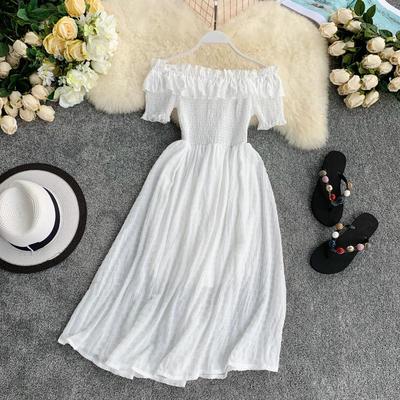 Vintage Women Summer Dresses 2020 Off the Shoulder Solid Ruffles A-line High Waist Dress Vestidos Slash Neck Robe Femme