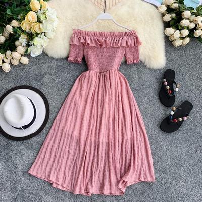 Vintage Women Summer Dresses 2020 Off the Shoulder Solid Ruffles A-line High Waist Dress Vestidos Slash Neck Robe Femme