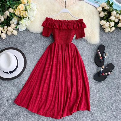 Vintage Women Summer Dresses 2020 Off the Shoulder Solid Ruffles A-line High Waist Dress Vestidos Slash Neck Robe Femme