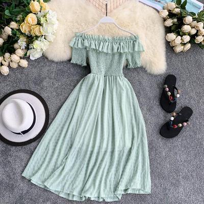 Vintage Women Summer Dresses 2020 Off the Shoulder Solid Ruffles A-line High Waist Dress Vestidos Slash Neck Robe Femme