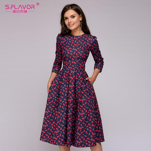 S.FLAVOR Women Elegant A-line Midi Dress Vintage printing party vestidos Three Quarter Sleeve women Slim Spring Summer Dress