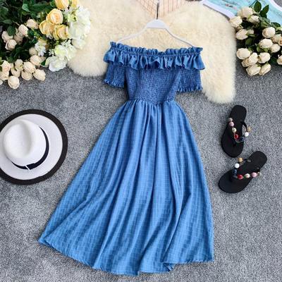 Vintage Women Summer Dresses 2020 Off the Shoulder Solid Ruffles A-line High Waist Dress Vestidos Slash Neck Robe Femme