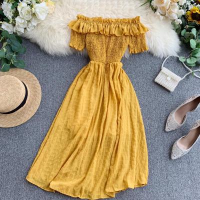 Vintage Women Summer Dresses 2020 Off the Shoulder Solid Ruffles A-line High Waist Dress Vestidos Slash Neck Robe Femme