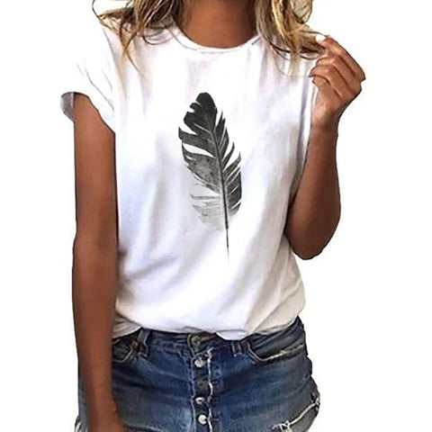 In Stock T Shirt Women Loose Short-Sleeved Leaf Print Tshirt O-Neck Summer Top Short Sleeve Plus Size T-shirt футболка жен