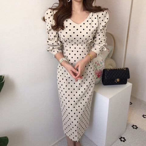 French style Spring autumn Women Casual Polka Dot Print A-Line Party Corduroy Dresses Eleagnt lace-up Slim Dress Fashion