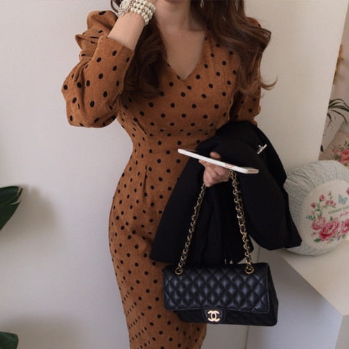 French style Spring autumn Women Casual Polka Dot Print A-Line Party Corduroy Dresses Eleagnt lace-up Slim Dress Fashion