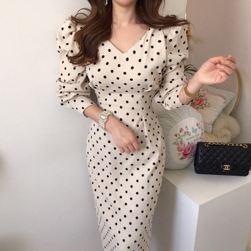 French style Spring autumn Women Casual Polka Dot Print A-Line Party Corduroy Dresses Eleagnt lace-up Slim Dress Fashion