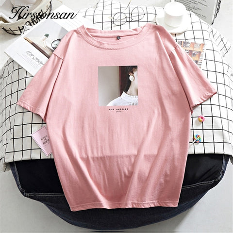 Hirsionsan Printed T Shirt Women Summer Hot O Neck Tshirts Korean Aesthetic Cotton Tees for Ladies Ins Comfortable Female Tops