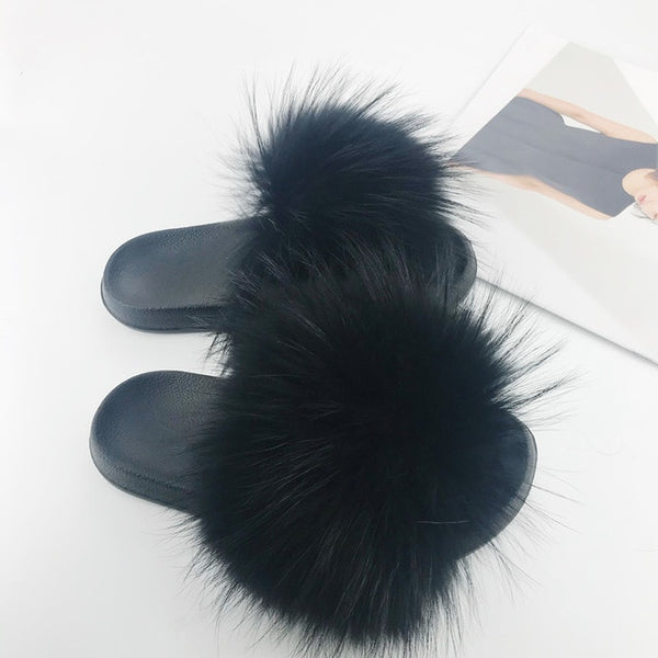 Women Fur Slides Summer Shoes Home Woman Luxury Furry Slippers Indoor Female Sandals Fluffy Cute Raccoon 2019 New Plus Size