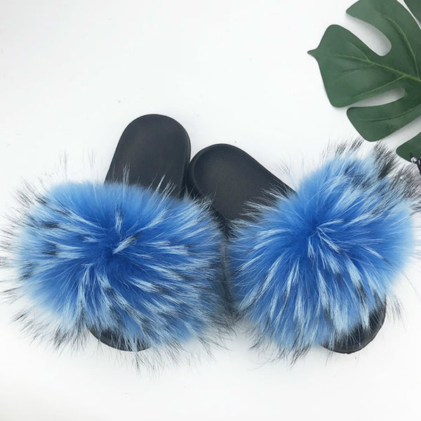 Women Fur Slides Summer Shoes Home Woman Luxury Furry Slippers Indoor Female Sandals Fluffy Cute Raccoon 2019 New Plus Size