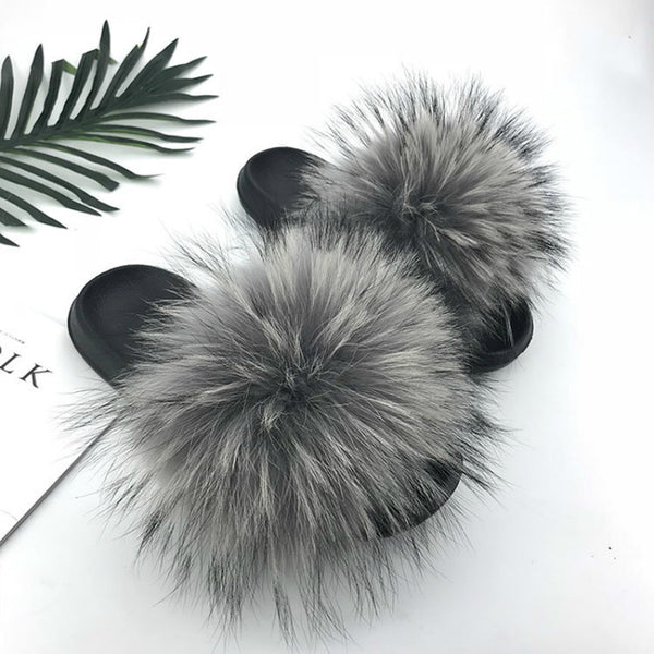 Women Fur Slides Summer Shoes Home Woman Luxury Furry Slippers Indoor Female Sandals Fluffy Cute Raccoon 2019 New Plus Size