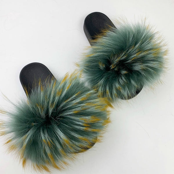 Women Fur Slides Summer Shoes Home Woman Luxury Furry Slippers Indoor Female Sandals Fluffy Cute Raccoon 2019 New Plus Size