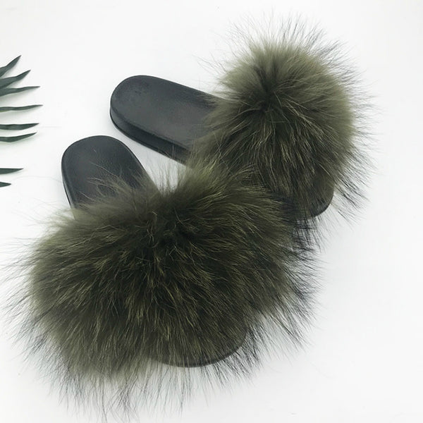 Women Fur Slides Summer Shoes Home Woman Luxury Furry Slippers Indoor Female Sandals Fluffy Cute Raccoon 2019 New Plus Size