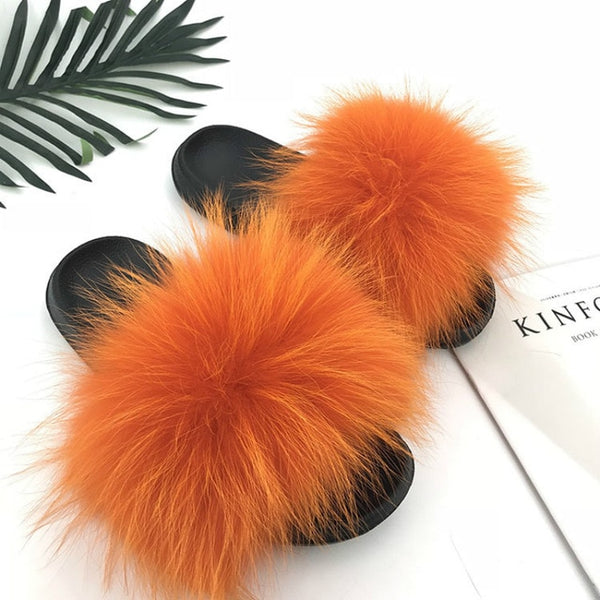 Women Fur Slides Summer Shoes Home Woman Luxury Furry Slippers Indoor Female Sandals Fluffy Cute Raccoon 2019 New Plus Size