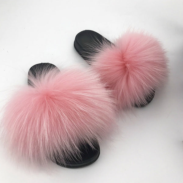 Women Fur Slides Summer Shoes Home Woman Luxury Furry Slippers Indoor Female Sandals Fluffy Cute Raccoon 2019 New Plus Size