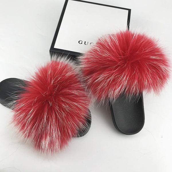 Women Fur Slides Summer Shoes Home Woman Luxury Furry Slippers Indoor Female Sandals Fluffy Cute Raccoon 2019 New Plus Size