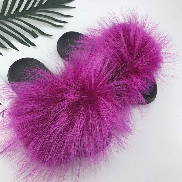 Women Fur Slides Summer Shoes Home Woman Luxury Furry Slippers Indoor Female Sandals Fluffy Cute Raccoon 2019 New Plus Size