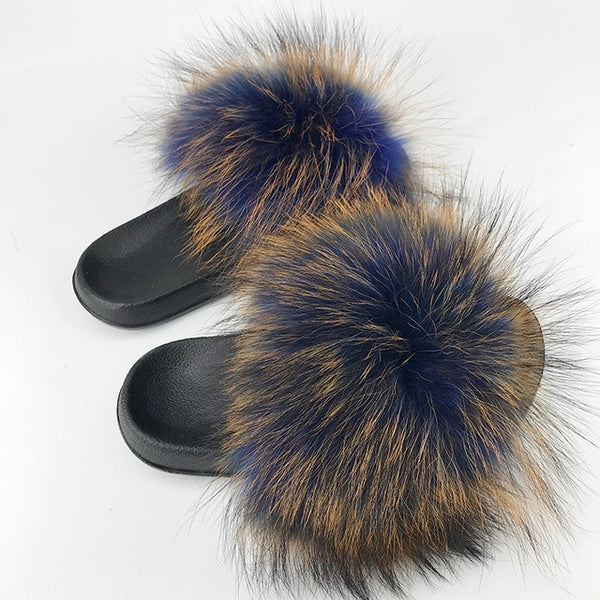 Women Fur Slides Summer Shoes Home Woman Luxury Furry Slippers Indoor Female Sandals Fluffy Cute Raccoon 2019 New Plus Size