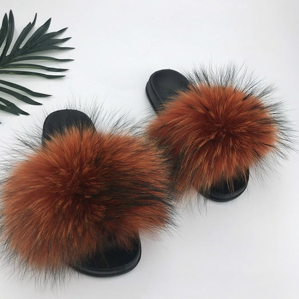 Women Fur Slides Summer Shoes Home Woman Luxury Furry Slippers Indoor Female Sandals Fluffy Cute Raccoon 2019 New Plus Size