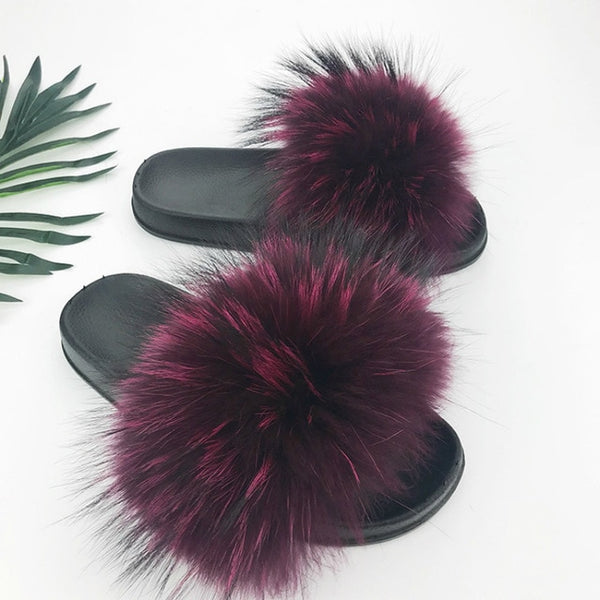 Women Fur Slides Summer Shoes Home Woman Luxury Furry Slippers Indoor Female Sandals Fluffy Cute Raccoon 2019 New Plus Size