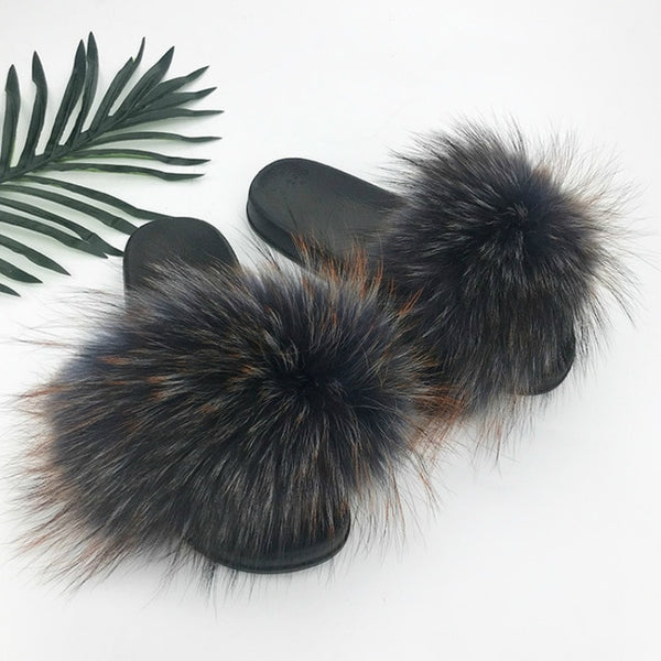 Women Fur Slides Summer Shoes Home Woman Luxury Furry Slippers Indoor Female Sandals Fluffy Cute Raccoon 2019 New Plus Size