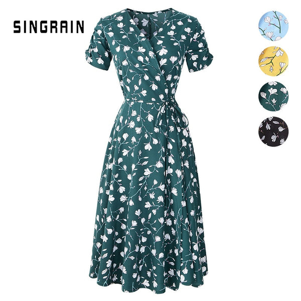 SINGRAIN New Summer Print Floral Dress Women V Neck Short Sleeves Chiffon Bohemian Dresses Beach Midi Female Wrap Long Dress