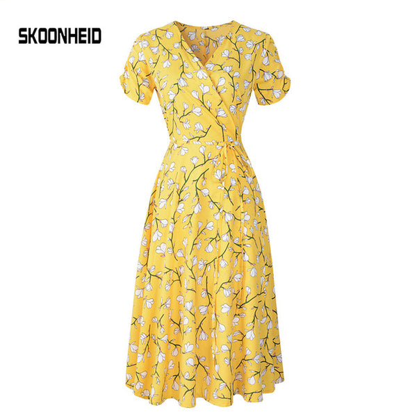 SINGRAIN New Summer Print Floral Dress Women V Neck Short Sleeves Chiffon Bohemian Dresses Beach Midi Female Wrap Long Dress