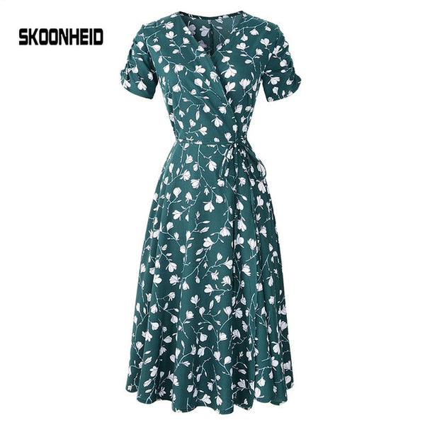 SINGRAIN New Summer Print Floral Dress Women V Neck Short Sleeves Chiffon Bohemian Dresses Beach Midi Female Wrap Long Dress