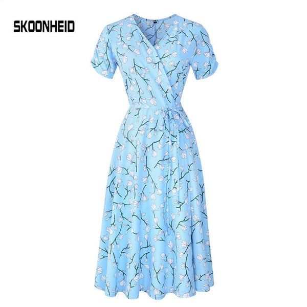 SINGRAIN New Summer Print Floral Dress Women V Neck Short Sleeves Chiffon Bohemian Dresses Beach Midi Female Wrap Long Dress