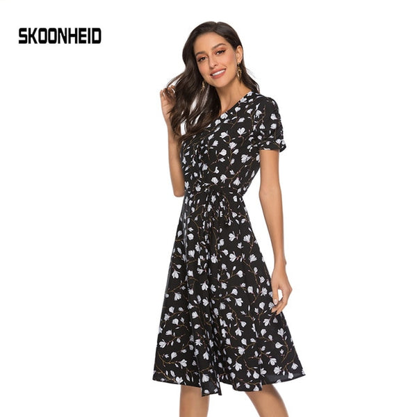 SINGRAIN New Summer Print Floral Dress Women V Neck Short Sleeves Chiffon Bohemian Dresses Beach Midi Female Wrap Long Dress