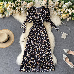 SINGRAIN New Summer Print Floral Dress Women V Neck Chiffon Bohemian Dresses Beach Irregular Female Wrap Midi Long Dress 2020