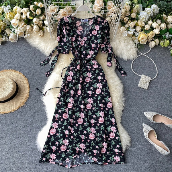 SINGRAIN New Summer Print Floral Dress Women V Neck Chiffon Bohemian Dresses Beach Irregular Female Wrap Midi Long Dress 2020