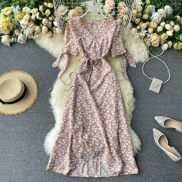 SINGRAIN New Summer Print Floral Dress Women V Neck Chiffon Bohemian Dresses Beach Irregular Female Wrap Midi Long Dress 2020