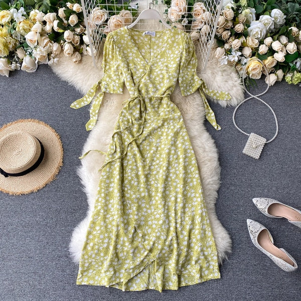 SINGRAIN New Summer Print Floral Dress Women V Neck Chiffon Bohemian Dresses Beach Irregular Female Wrap Midi Long Dress 2020