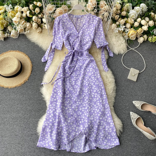 SINGRAIN New Summer Print Floral Dress Women V Neck Chiffon Bohemian Dresses Beach Irregular Female Wrap Midi Long Dress 2020