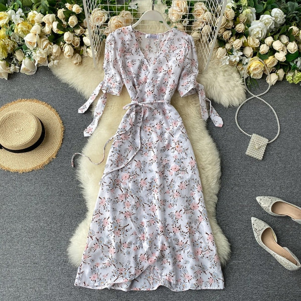 SINGRAIN New Summer Print Floral Dress Women V Neck Chiffon Bohemian Dresses Beach Irregular Female Wrap Midi Long Dress 2020