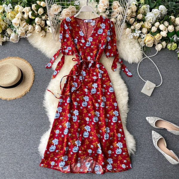 SINGRAIN New Summer Print Floral Dress Women V Neck Chiffon Bohemian Dresses Beach Irregular Female Wrap Midi Long Dress 2020