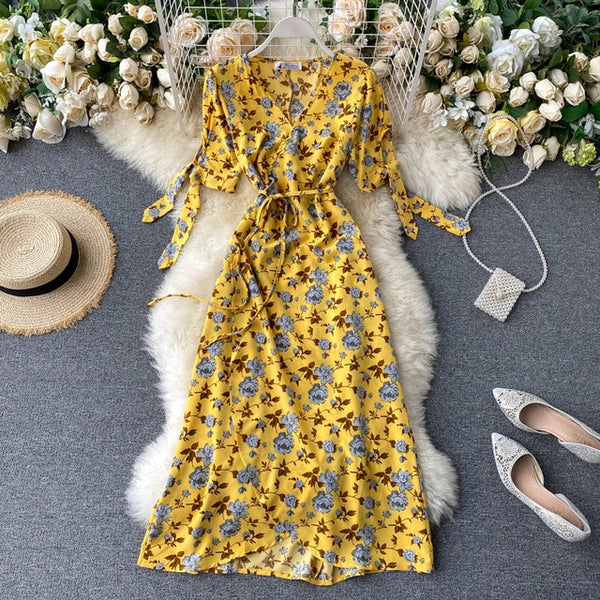 SINGRAIN New Summer Print Floral Dress Women V Neck Chiffon Bohemian Dresses Beach Irregular Female Wrap Midi Long Dress 2020