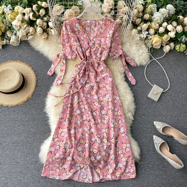 SINGRAIN New Summer Print Floral Dress Women V Neck Chiffon Bohemian Dresses Beach Irregular Female Wrap Midi Long Dress 2020