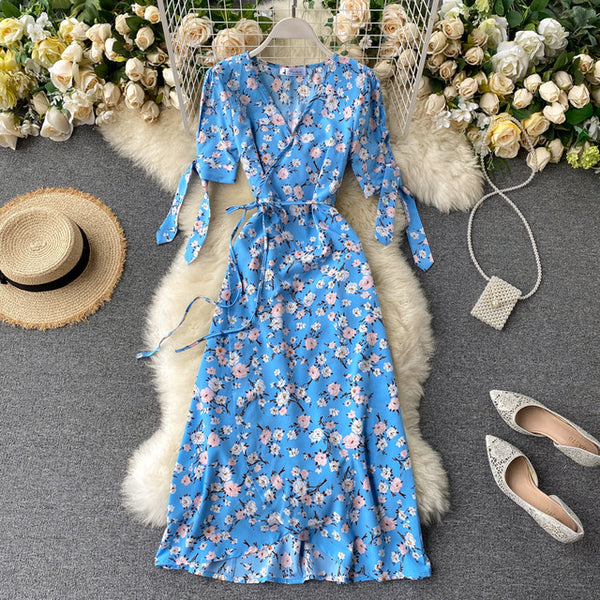 SINGRAIN New Summer Print Floral Dress Women V Neck Chiffon Bohemian Dresses Beach Irregular Female Wrap Midi Long Dress 2020