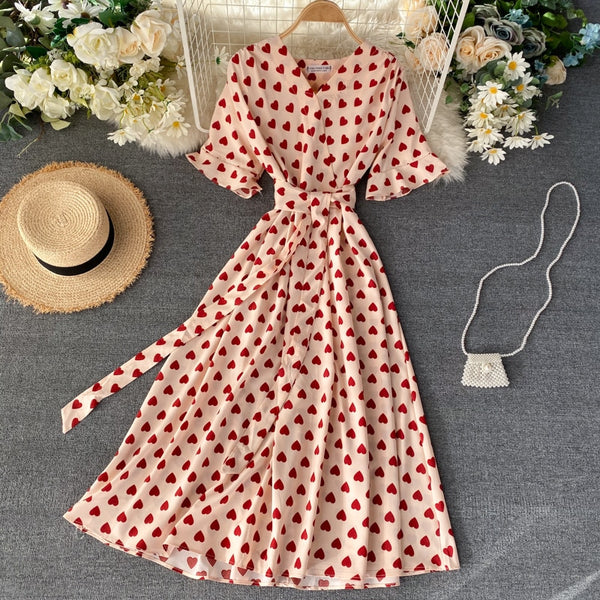 SINGRAIN Women Long Print Dress Summer Holiday French Korean Romantic Beach Dress Short Sleeve Clubwear Bohemian Floral Sundress