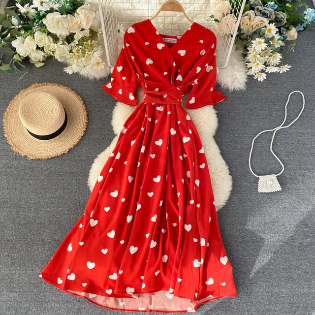 SINGRAIN Women Long Print Dress Summer Holiday French Korean Romantic Beach Dress Short Sleeve Clubwear Bohemian Floral Sundress