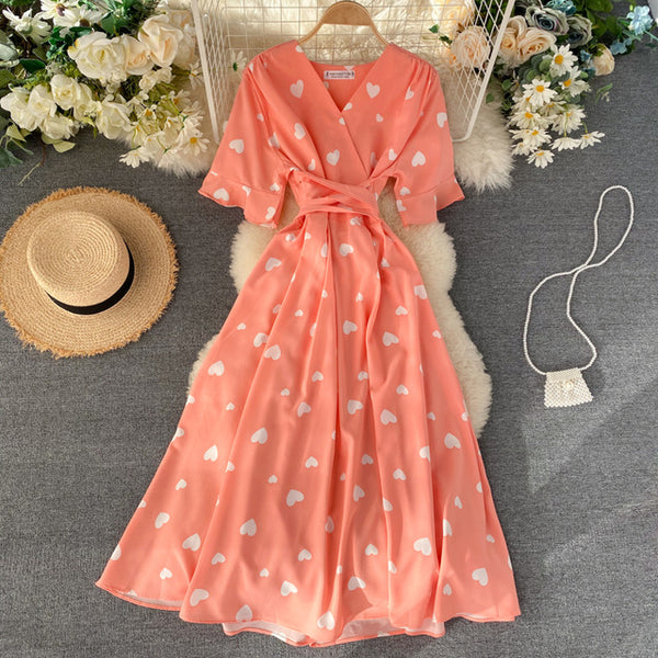 SINGRAIN Women Long Print Dress Summer Holiday French Korean Romantic Beach Dress Short Sleeve Clubwear Bohemian Floral Sundress