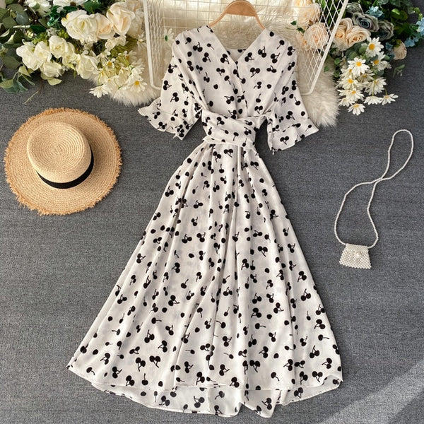 SINGRAIN Women Long Print Dress Summer Holiday French Korean Romantic Beach Dress Short Sleeve Clubwear Bohemian Floral Sundress