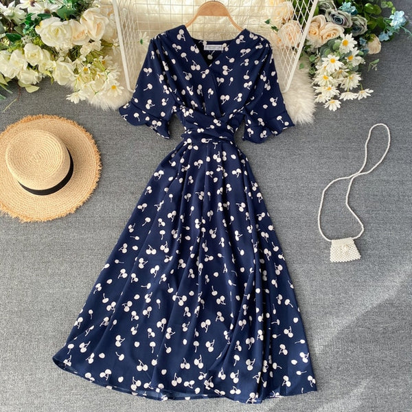 SINGRAIN Women Long Print Dress Summer Holiday French Korean Romantic Beach Dress Short Sleeve Clubwear Bohemian Floral Sundress