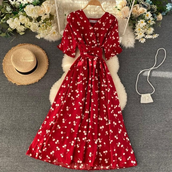 SINGRAIN Women Long Print Dress Summer Holiday French Korean Romantic Beach Dress Short Sleeve Clubwear Bohemian Floral Sundress