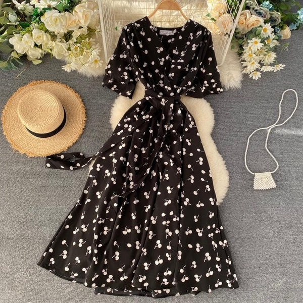 SINGRAIN Women Long Print Dress Summer Holiday French Korean Romantic Beach Dress Short Sleeve Clubwear Bohemian Floral Sundress